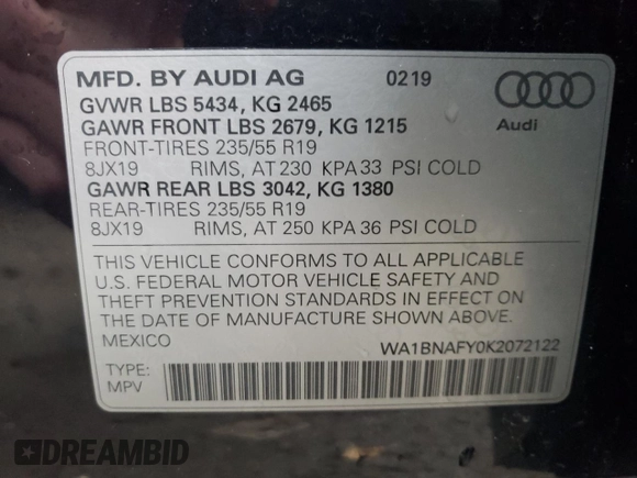 2019 Audi Q5 Premium Plus with VIN WA1BNAFY0K2072122, listed as a Copart auction lot 38533103 with 36,762 mi miles. Bid and sale history available at carsss.com. Image 13.