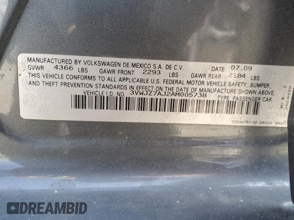 2010 Volkswagen Jetta S with VIN 3VWJZ7AJ2AM005738, listed as a Copart auction lot 55462935 with 173,514 mi miles and Salvage title. Bid and sale history available at DreamBid. Image 12.