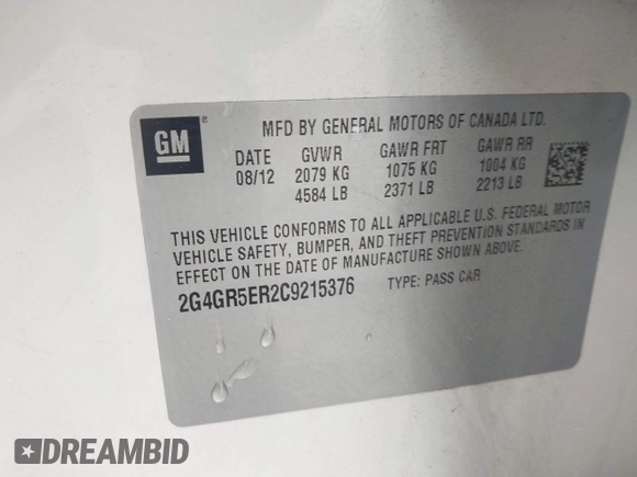 2012 Buick Regal с VIN 2G4GR5ER2C9215376, выставлен на аукционе IAAI как лот 41957780 с пробегом 120 286 миль миль и . История ставок и продаж доступна на DreamBid. Изображение 9.