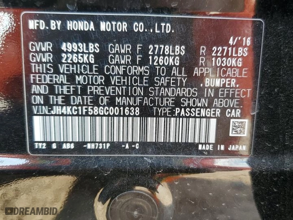 2016 Acura RLX Tech Pkg with VIN JH4KC1F58GC001638, listed as a Copart auction lot 43787985 with 66,701 mi miles and Salvage Title. Bid and sale history available at carsss.com. Image 14.