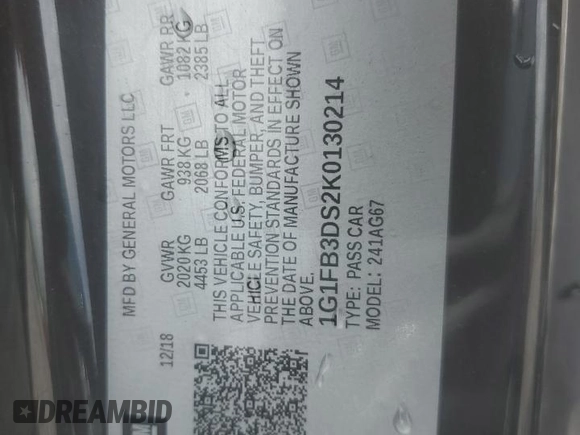 2019 Chevrolet Camaro 1LT with VIN 1G1FB3DS2K0130214, listed as a Copart auction lot 53954205 with 96,547 mi miles and Salvage Title. Bid and sale history available at carsss.com. Image 12.