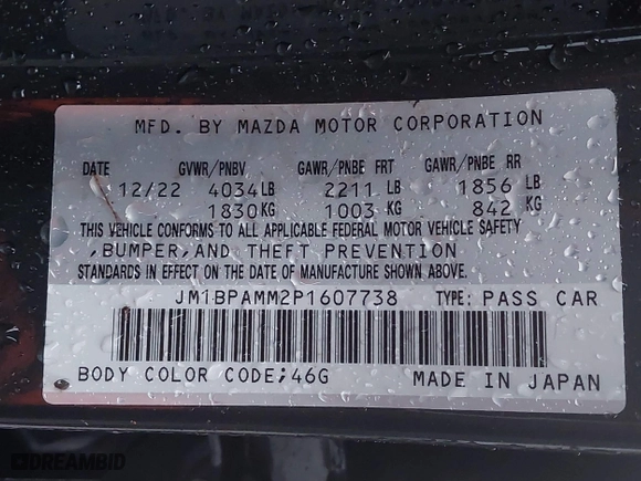 2023 Mazda Mazda3 Hatchback 2.5 S Premium with VIN JM1BPAMM2P1607738, listed as a IAAI auction lot 41110197 with 23,098 mi miles. Bid and sale history available at carsss.com. Image 9.