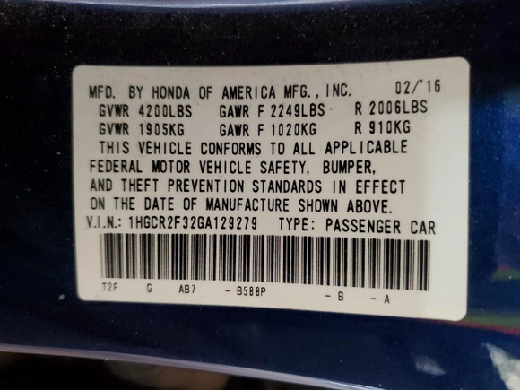 2016 Honda Accord Sedan LX with VIN 1HGCR2F32GA129279, listed as a Copart auction lot 50878025 with 110,980 mi miles and Salvage Title. Bid and sale history available at carsss.com. Image 12.