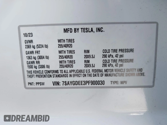 2023 Tesla Model Y Long Range with VIN 7SAYGDEE3PF900030, listed as a IAAI auction lot 41147192 with 13,903 mi miles and . Bid and sale history available at DreamBid. Image 9.