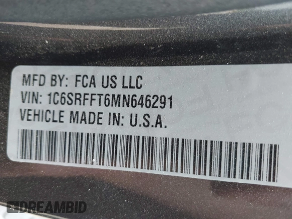 2021 Ram 1500 Big Horn with VIN 1C6SRFFT6MN646291, listed as a IAAI auction lot 42429243 with 74,364 mi miles and . Bid and sale history available at DreamBid. Image 9.