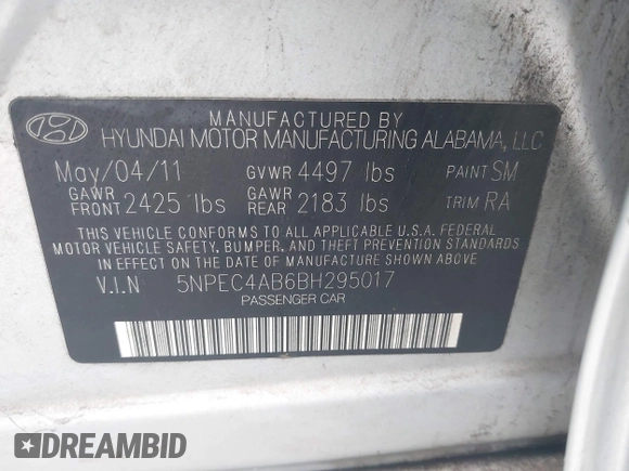 2011 Hyundai Sonata Limited with VIN 5NPEC4AB6BH295017, listed as a IAAI auction lot 41436827 with 179,204 mi miles and . Bid and sale history available at DreamBid. Image 9.
