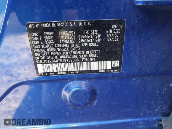 2018 Honda HR-V EX-L Navi with VIN 3CZRU6H70JM702098, listed as a IAAI auction lot 41397486 with 102,020 mi miles. Bid and sale history available at carsss.com. Image 9.