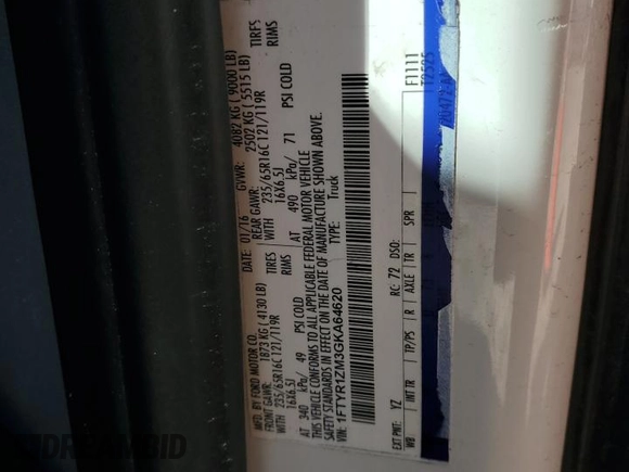 2016 Ford Transit Cargo z VIN 1FTYR1ZM3GKA64620, wystawiony jako Copart lot #44920645 z przebiegiem 132 952 mil mil oraz Szkoda całkowita • Salvage title. Historia ofert i sprzedaży dostępna na DreamBid. Obrazek 13.