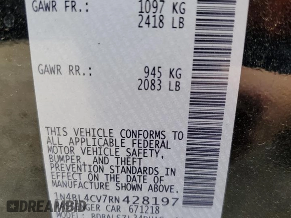 2024 Nissan Altima SR with VIN 1N4BL4CV7RN428197, listed as a Copart auction lot 49252465 with 3,373 mi miles and Salvage Title. Bid and sale history available at DreamBid. Image 12.