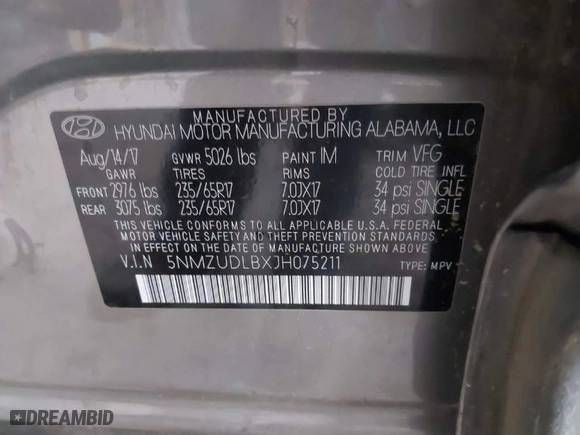 2018 Hyundai Santa Fe Sport 2.4L with VIN 5NMZUDLBXJH075211, listed as a IAAI auction lot 41497651 with 57,420 mi miles. Bid and sale history available at carsss.com. Image 9.