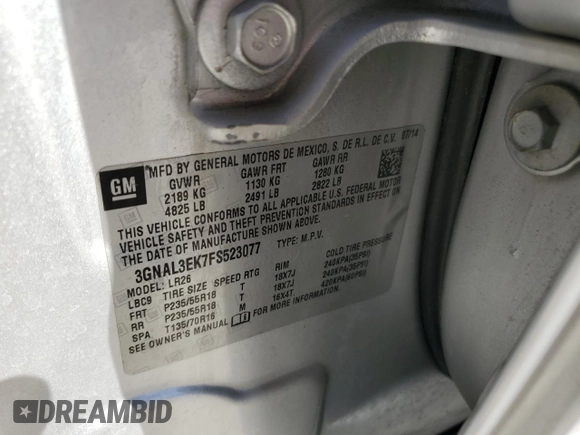 2015 Chevrolet Captiva Sport LT with VIN 3GNAL3EK7FS523077, listed as a Copart auction lot 73761894 with 161,445 mi miles and Clean Title. Bid and sale history available at DreamBid. Image 12.