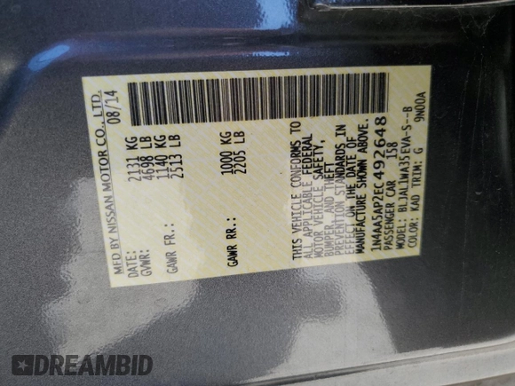 2014 Nissan Maxima S with VIN 1N4AA5AP2EC492648, listed as a Copart auction lot 60300065 with 95,131 mi miles and Salvage title. Bid and sale history available at DreamBid. Image 13.