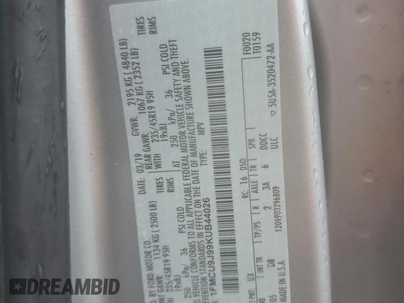 2019 Ford Escape Titanium z VIN 1FMCU9J99KUB44026, wystawiony jako Copart lot #58495855 z przebiegiem 106 361 mil mil oraz Szkoda całkowita • Salvage title. Historia ofert i sprzedaży dostępna na DreamBid. Obrazek 13.