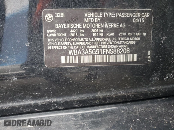 2015 BMW 3 Series 328i with VIN WBA3A5G51FNS88208, listed as a Copart auction lot 50377065 with 104,932 mi miles and Salvage Title. Bid and sale history available at carsss.com. Image 12.
