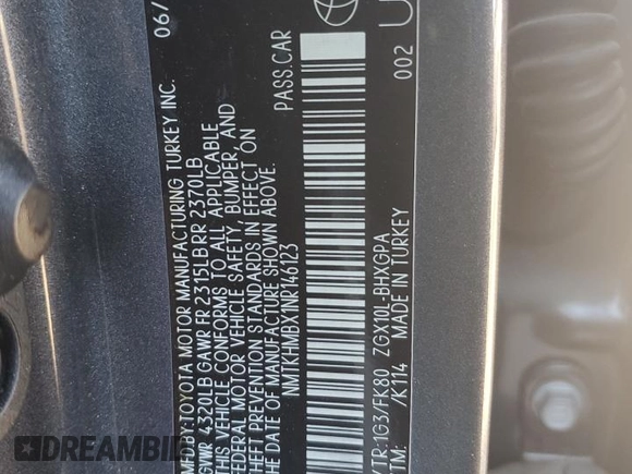 2022 Toyota C-HR XLE with VIN NMTKHMBX1NR146123, listed as a Copart auction lot 83105634 with Not Provided miles and Salvage Title. Bid and sale history available at DreamBid. Image 14.