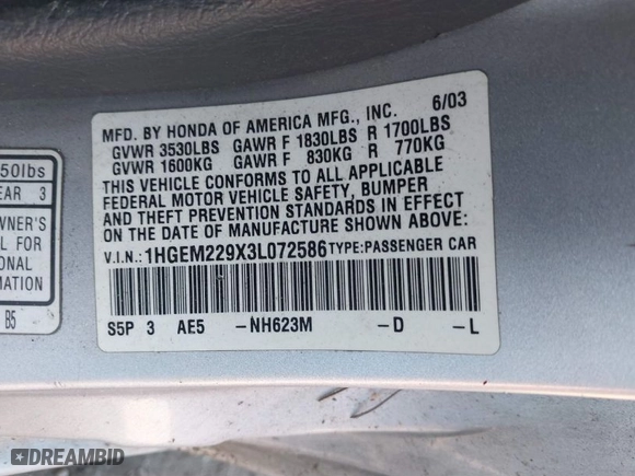 2003 Honda Civic EX with VIN 1HGEM229X3L072586, listed as a IAAI auction lot 40634772 with 202,134 mi miles. Bid and sale history available at carsss.com. Image 9.