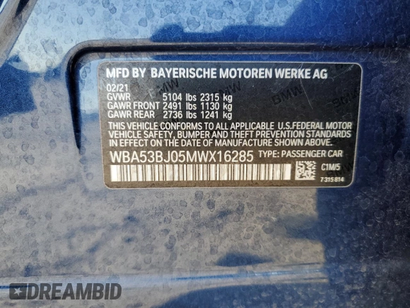 2021 BMW 5 Series 540i with VIN WBA53BJ05MWX16285, listed as a Copart auction lot 52415425 with 79,497 mi miles and Salvage Title. Bid and sale history available at DreamBid. Image 14.