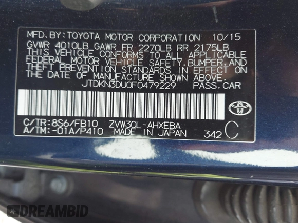 2015 Toyota Prius Four with VIN JTDKN3DU0F0479229, listed as a IAAI auction lot 42063782 with 203,501 mi miles and . Bid and sale history available at DreamBid. Image 9.