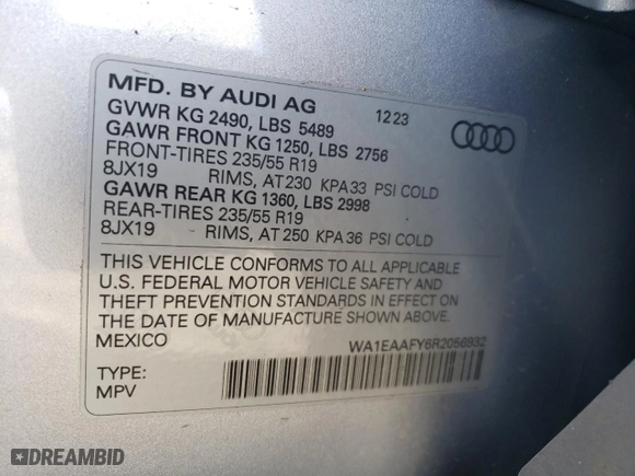 2024 Audi Q5 S line Premium Plus with VIN WA1EAAFY6R2056932, listed as a Copart auction lot 48960885 with 13,684 mi miles and Salvage Title. Bid and sale history available at carsss.com. Image 12.