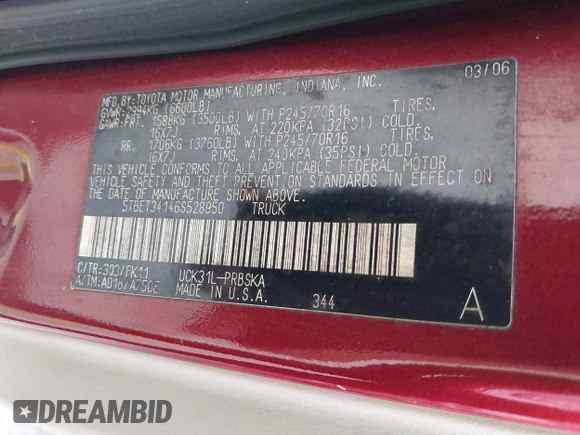 2006 Toyota Tundra SR5 with VIN 5TBET34146S528950, listed as a IAAI auction lot 38150357 with 266,341 mi miles. Bid and sale history available at carsss.com. Image 9.
