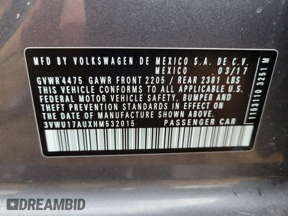 2017 Volkswagen Golf SportWagen S with VIN 3VWU17AUXHM532015, listed as a IAAI auction lot 41800500 with 81,694 mi miles. Bid and sale history available at carsss.com. Image 9.