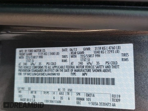 2014 Ford Escape SE с VIN 1FMCU9GX9EUA09610, выставлен на аукционе Copart как лот 60753765 с пробегом 151 718 миль миль и Чистый • Clean title. История ставок и продаж доступна на DreamBid. Изображение 13.
