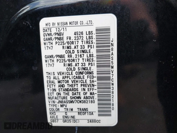 2012 Nissan Rogue S with VIN JN8AS5MV7CW382180, listed as a IAAI auction lot 42616221 with 121,005 mi miles and . Bid and sale history available at DreamBid. Image 9.