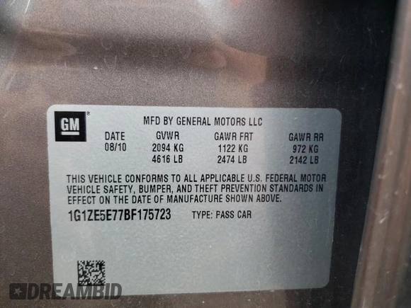 2011 Chevrolet Malibu LTZ with VIN 1G1ZE5E77BF175723, listed as a Copart auction lot 44538795 with 173,241 mi miles and Salvage Title. Bid and sale history available at DreamBid. Image 12.