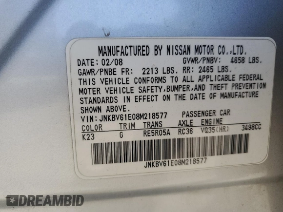 2008 Infiniti G35 Journey with VIN JNKBV61E08M218577, listed as a Copart auction lot 62776125 with 246,590 mi miles and Salvage title. Bid and sale history available at DreamBid. Image 12.
