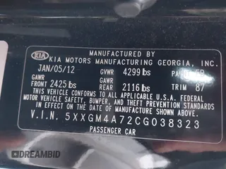 2012 Kia Optima LX with VIN 5XXGM4A72CG038323, listed as a IAAI auction lot 41943460 with 209,668 mi miles and . Bid and sale history available at carsss.com. Image 9.