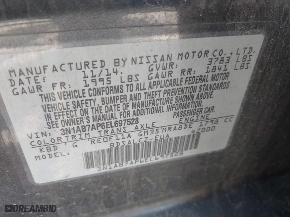 2014 Nissan Sentra SV with VIN 3N1AB7AP6EL697528, listed as a IAAI auction lot 41946055 with 143,064 mi miles. Bid and sale history available at carsss.com. Image 9.