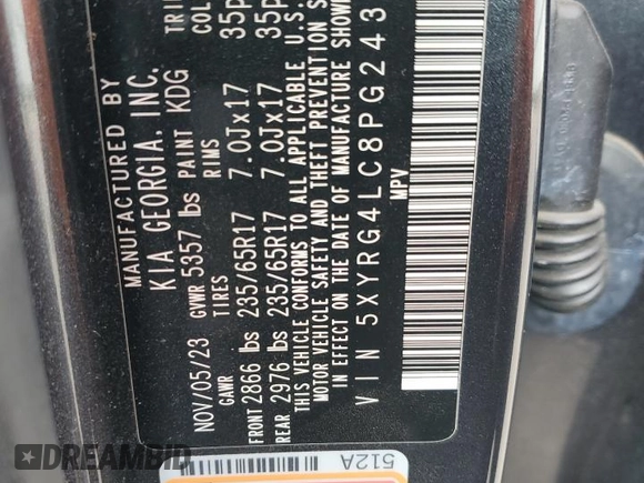 2023 Kia Sorento LX with VIN 5XYRG4LC8PG243107, listed as a Copart auction lot 44451625 with 42,256 mi miles and Salvage Title. Bid and sale history available at DreamBid. Image 14.