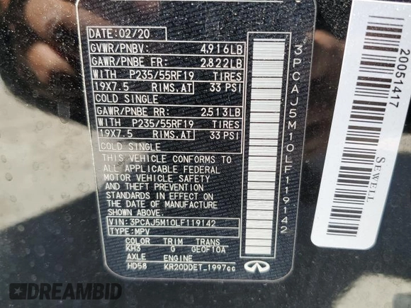 2020 Infiniti QX50 Essential с VIN 3PCAJ5M10LF119142, выставлен на аукционе Copart как лот 49128615 с пробегом 47 863 миль миль и Списание • Salvage title. История ставок и продаж доступна на DreamBid. Изображение 14.