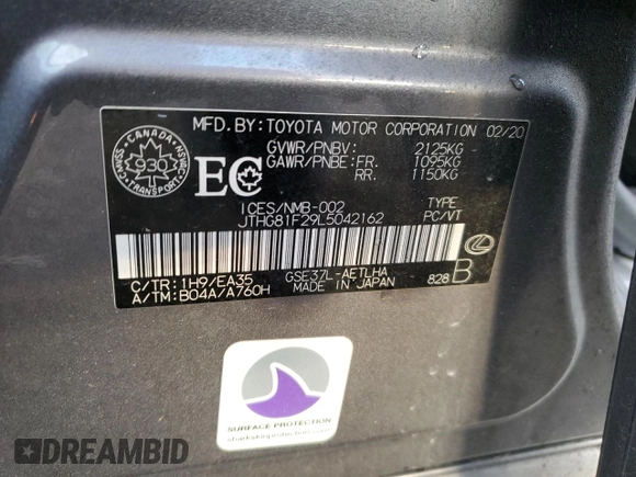 2020 Lexus IS 300 F Sport z VIN JTHG81F29L5042162, wystawiony jako Copart lot #78216224 z przebiegiem 58 024 mil mil oraz Szkoda całkowita • Salvage title. Historia ofert i sprzedaży dostępna na DreamBid. Obrazek 12.