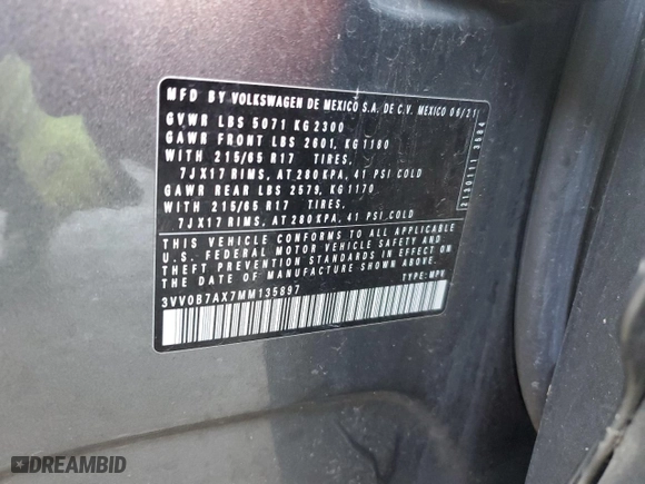 2021 Volkswagen Tiguan S with VIN 3VV0B7AX7MM135897, listed as a Copart auction lot 84140564 with 0 mi miles and Salvage Title. Bid and sale history available at carsss.com. Image 13.