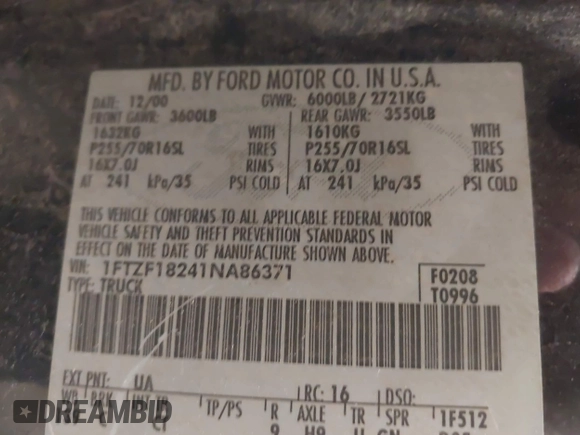 2001 Ford F-150 XL с VIN 1FTZF18241NA86371, выставлен на аукционе IAAI как лот 42621430 с пробегом Не указан миль и . История ставок и продаж доступна на DreamBid. Изображение 9.