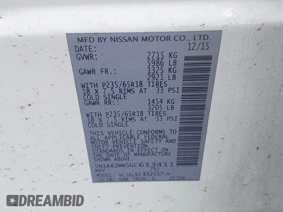 2016 Nissan Pathfinder S with VIN 5N1AR2MN5GC613411, listed as a IAAI auction lot 41930651 with 277,992 mi miles and . Bid and sale history available at DreamBid. Image 9.