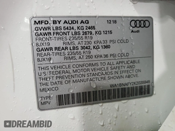 2019 Audi Q5 Premium Plus with VIN WA1BNAFY2K2035945, listed as a Copart auction lot 57507345 with 79,866 mi miles and Salvage title. Bid and sale history available at DreamBid. Image 13.