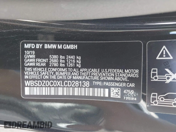 2020 BMW M8 Competition z VIN WBSDZ0C0XLCD28138, wystawiony jako IAAI lot #42339303 z przebiegiem 30 298 mil mil oraz . Historia ofert i sprzedaży dostępna na DreamBid. Obrazek 9.