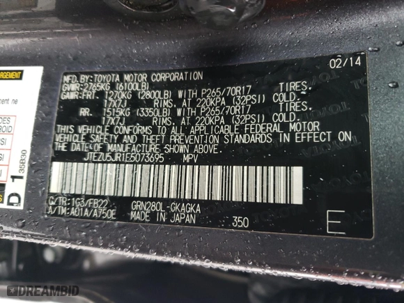 2014 Toyota 4Runner SR5 with VIN JTEZU5JR1E5073695, listed as a Copart auction lot 43751235 with 283,530 mi miles and Salvage Title. Bid and sale history available at carsss.com. Image 13.