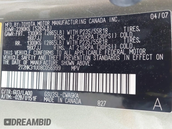 2008 Lexus RX 350 with VIN 2T2HK31U08C056999, listed as a IAAI auction lot 42264323 with 242,639 mi miles and . Bid and sale history available at DreamBid. Image 9.
