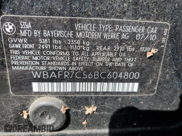 2011 BMW 5 Series 535i with VIN WBAFR7C56BC604800, listed as a Copart auction lot 53916605 with 85,442 mi miles and Salvage Title. Bid and sale history available at carsss.com. Image 12.