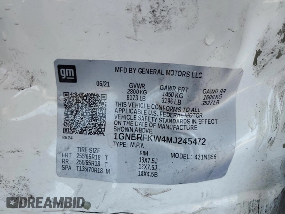 2021 Chevrolet Traverse LS with VIN 1GNERFKW4MJ245472, listed as a Copart auction lot 54185935 with 101,279 mi miles and Non repairable. Bid and sale history available at DreamBid. Image 14.