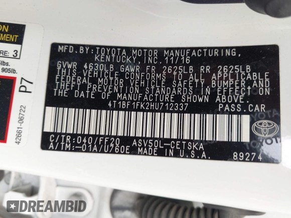 2017 Toyota Camry XLE z VIN 4T1BF1FK2HU712337, wystawiony jako IAAI lot #42389428 z przebiegiem 186 915 mil mil oraz . Historia ofert i sprzedaży dostępna na DreamBid. Obrazek 9.