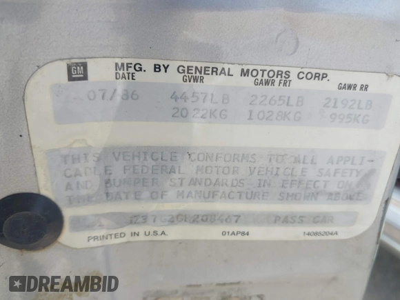 1986 Chevrolet Monte Carlo Sport с VIN 1G1GZ37G2GR208467, выставлен на аукционе IAAI как лот 42120656 с пробегом Не указан миль и . История ставок и продаж доступна на DreamBid. Изображение 9.