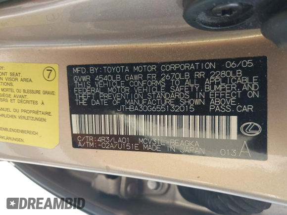 2005 Lexus ES 350 with VIN JTHBA30G655132015, listed as a IAAI auction lot 42712017 with Not provided miles and . Bid and sale history available at DreamBid. Image 9.