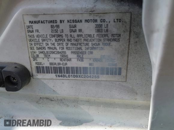 1999 Nissan Altima XE with VIN 1N4DL01D9XC204255, listed as a IAAI auction lot 42039345 with 214,039 mi miles and . Bid and sale history available at carsss.com. Image 9.