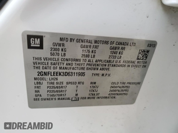 2013 Chevrolet Equinox LT z VIN 2GNFLEEK3D6311905, wystawiony jako Copart lot #54497605 z przebiegiem 142 804 mil mil oraz Szkoda całkowita • Salvage title. Historia ofert i sprzedaży dostępna na DreamBid. Obrazek 13.