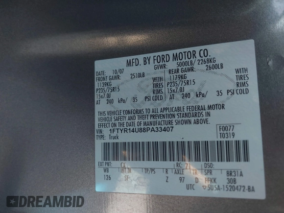 2008 Ford Ranger XL with VIN 1FTYR14U88PA33407, listed as a IAAI auction lot 41633721 with 166,082 mi miles. Bid and sale history available at carsss.com. Image 9.