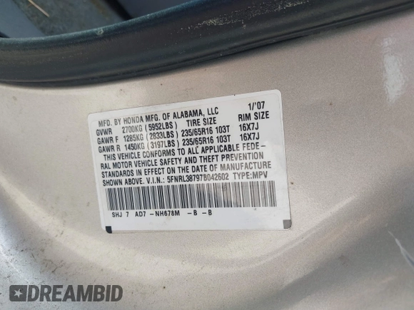 2007 Honda Odyssey EX-L z VIN 5FNRL38797B042602, wystawiony jako IAAI lot #42300656 z przebiegiem 250 000 mil mil oraz . Historia ofert i sprzedaży dostępna na DreamBid. Obrazek 9.